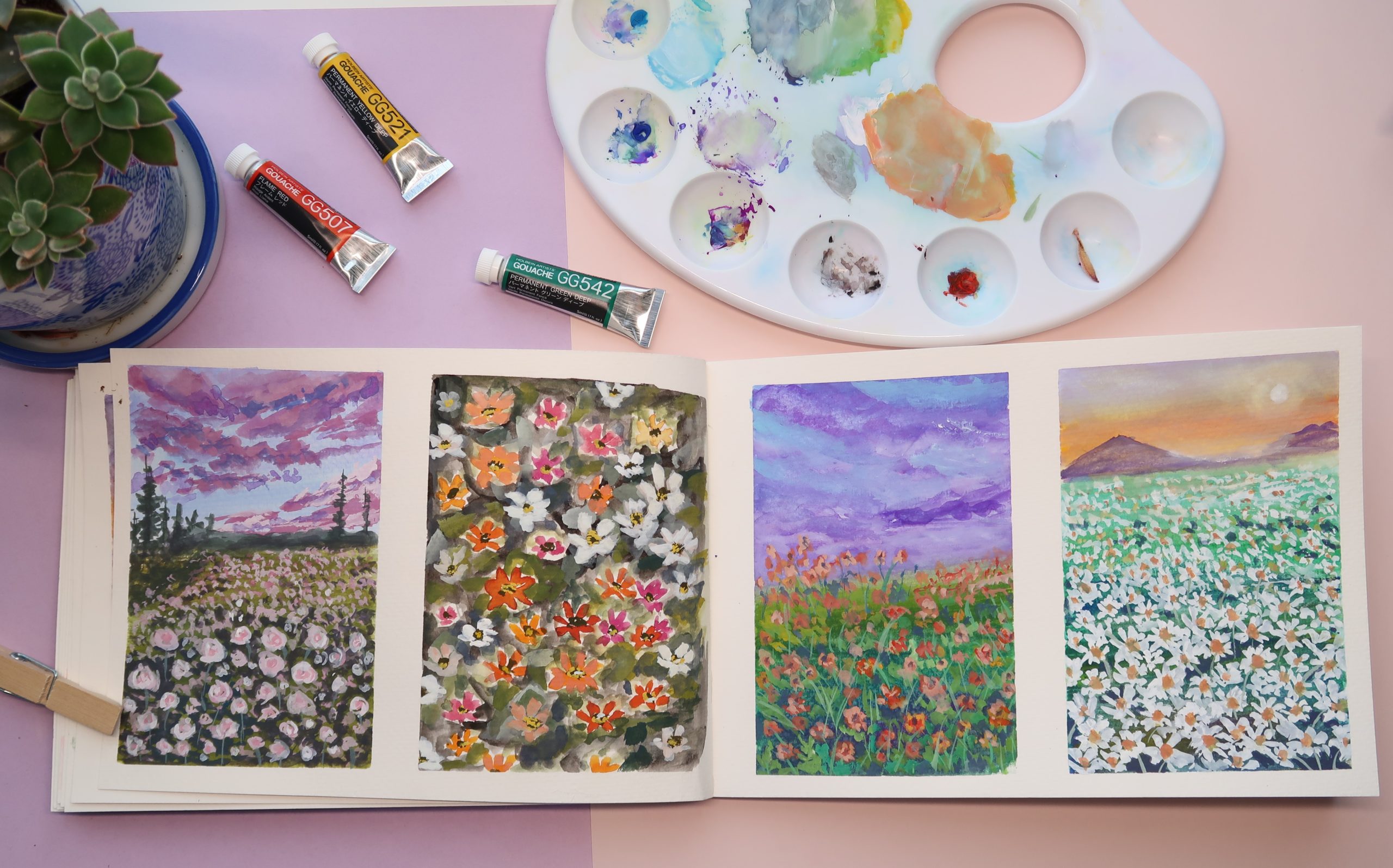 Gouache Acrylic and Watercolour Paintings on a Sketchbook